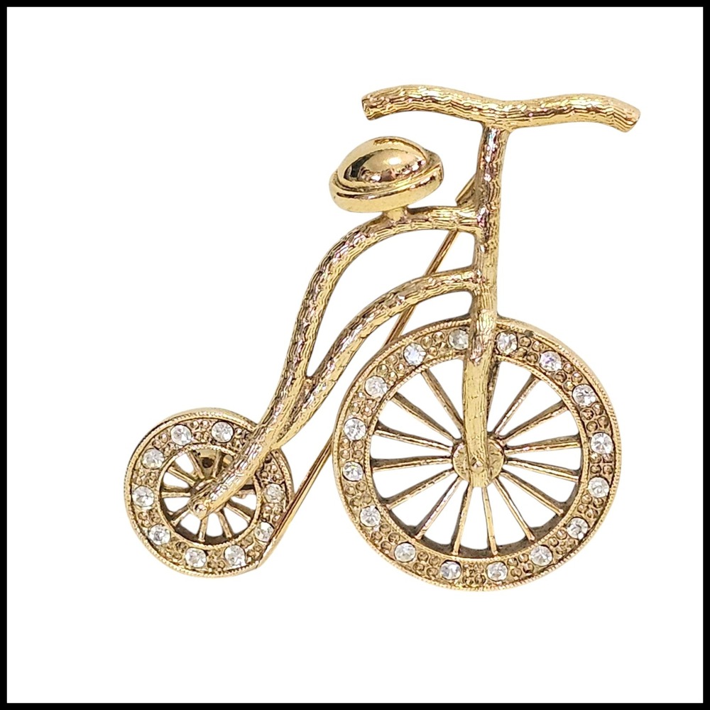 Vintage Gold Tone Penny Farthing Bicycle Brooch Pin Rhinestone‎ Accent